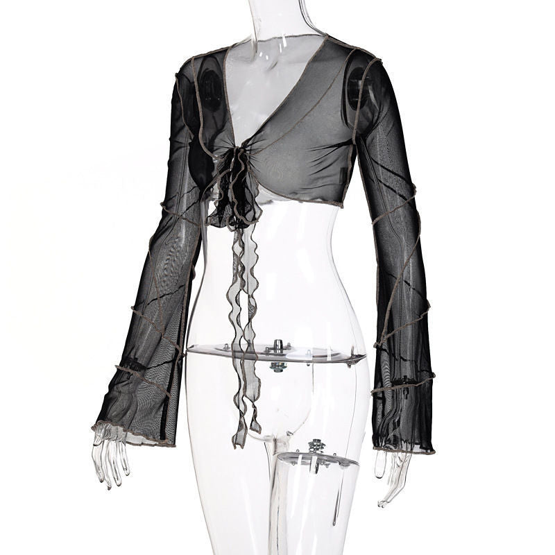 Mesh patchwork cardigan bell sleeve T-shirt