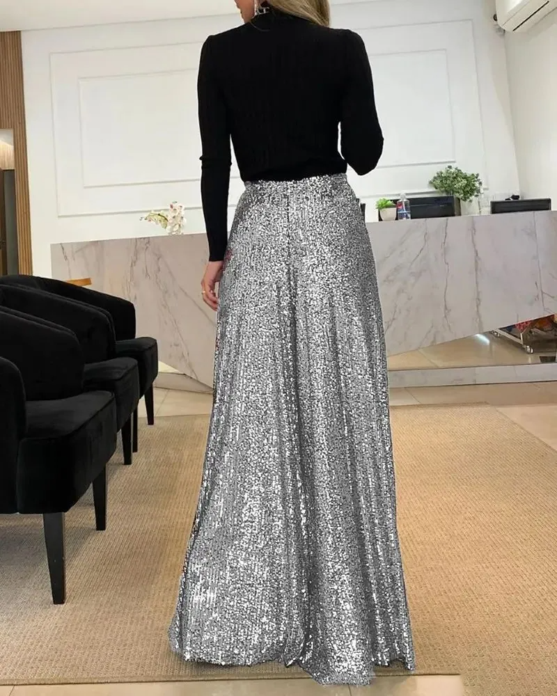 Wide Leg Sequin High Waisted Flare Pants