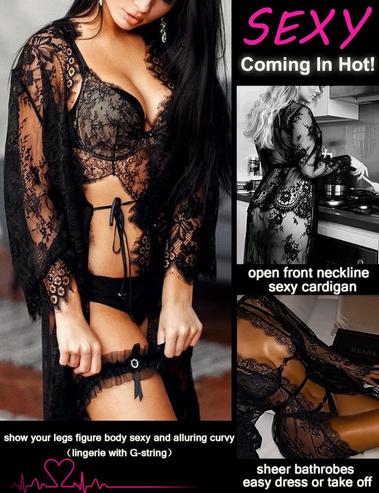 Lace Kimono Robe Babydoll Lingerie Mesh Nightgown S-5XL