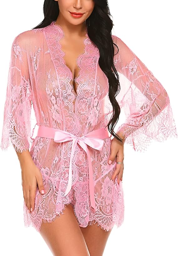 Lace Kimono Robe Babydoll Lingerie Mesh Nightgown S-5XL