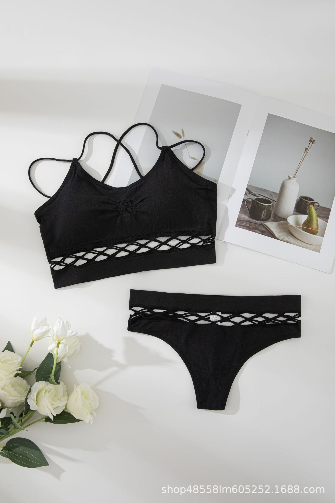 Hollow Briefs Cross Strap Camisole Bra Set
