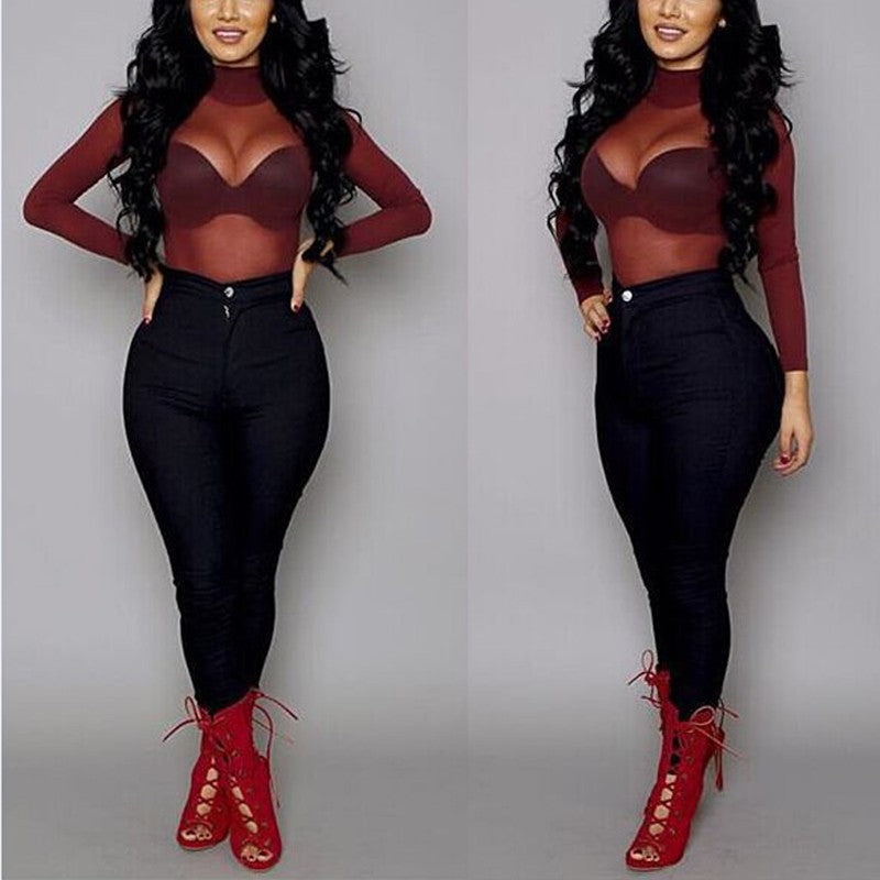 Stretch Tight See-Through Ultra-thin Sexy Mesh Transparent Long-Sleeved T-Shirt