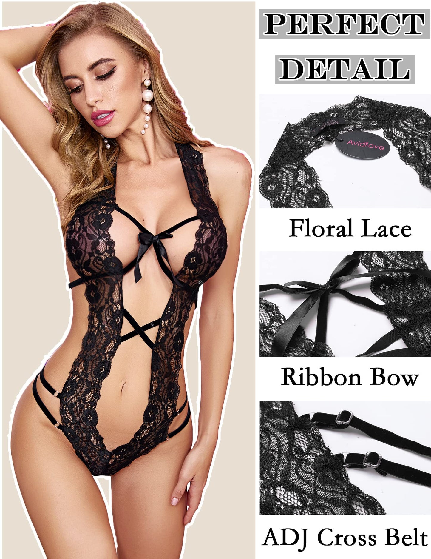 Deep V Halter Lingerie Teddy One Piece Bodysuit Lace Babydoll