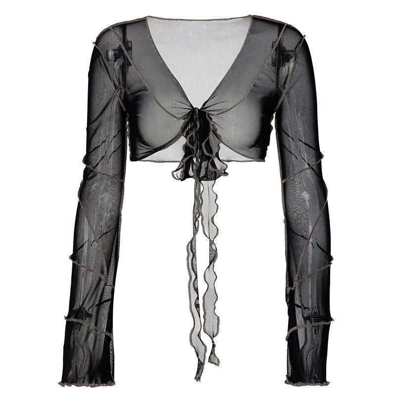 Mesh patchwork cardigan bell sleeve T-shirt