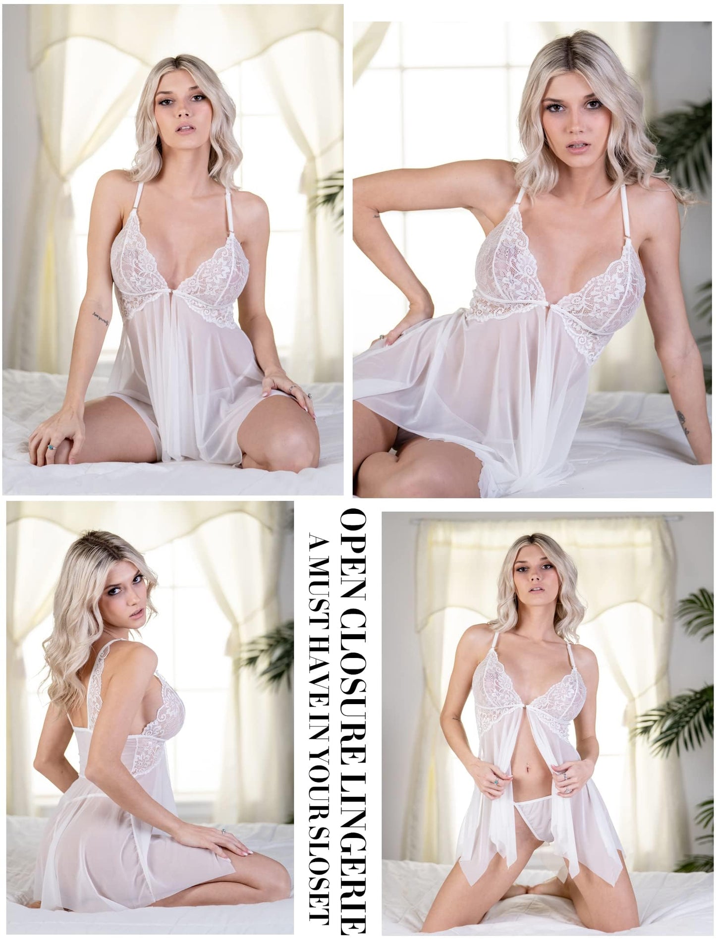 Lace Lingerie Front Closure Babydoll V Neck Nightwear Sexy Chemise Nightie