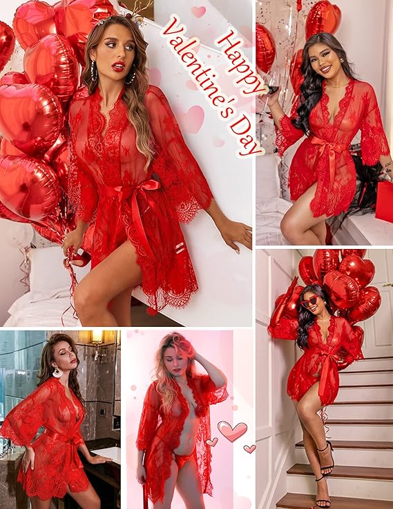 Lace Kimono Robe Babydoll Lingerie Mesh Nightgown S-5XL