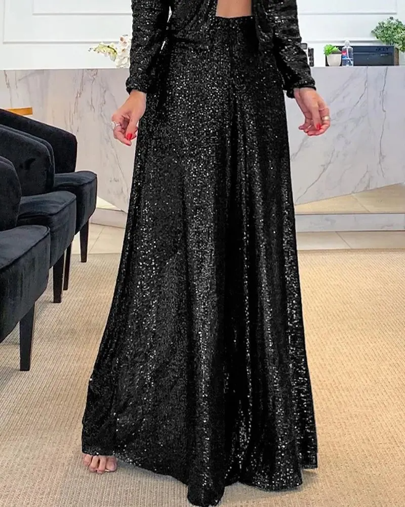 Wide Leg Sequin High Waisted Flare Pants