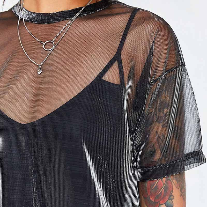 Mesh Transparent Round Neck Short-Sleeved T-Shirt