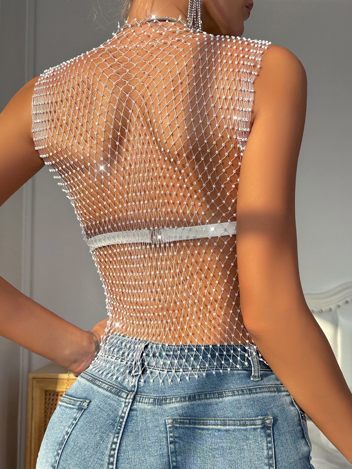 Fishnet Rhinestone Flash Diamond Women's Short Sleeve Top Vest