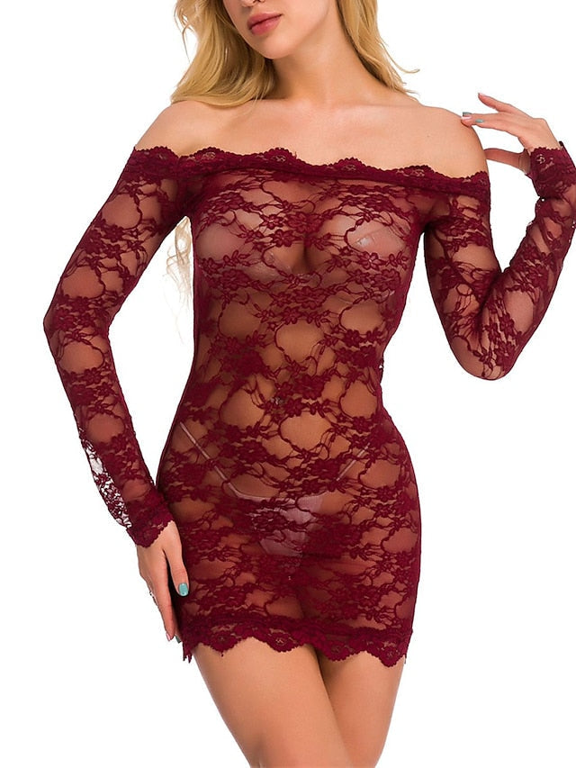 Women's Polyester Breathable Off Shoulder Long Sleeve Pajamas Nightgown Nightshirt Dress