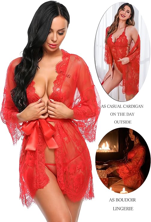 Lace Kimono Robe Babydoll Lingerie Mesh Nightgown S-5XL