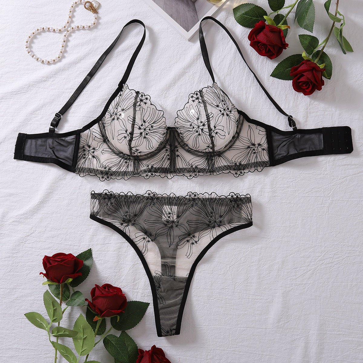 Fashionable Embroidery Patchwork Transparent Mesh Body Shaping Sexy Underwear Set