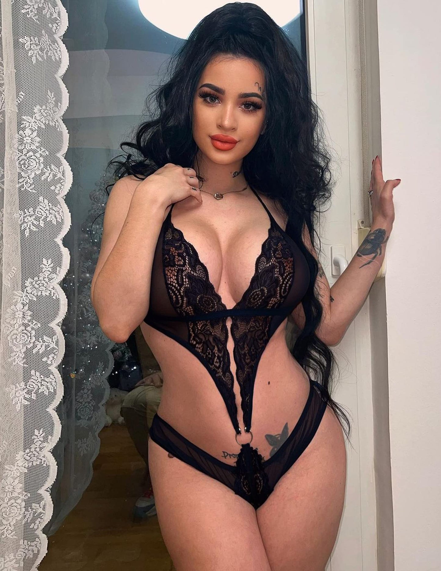 Deep V Lingerie Lace Teddy One Piece Babydoll Mini Bodysuit