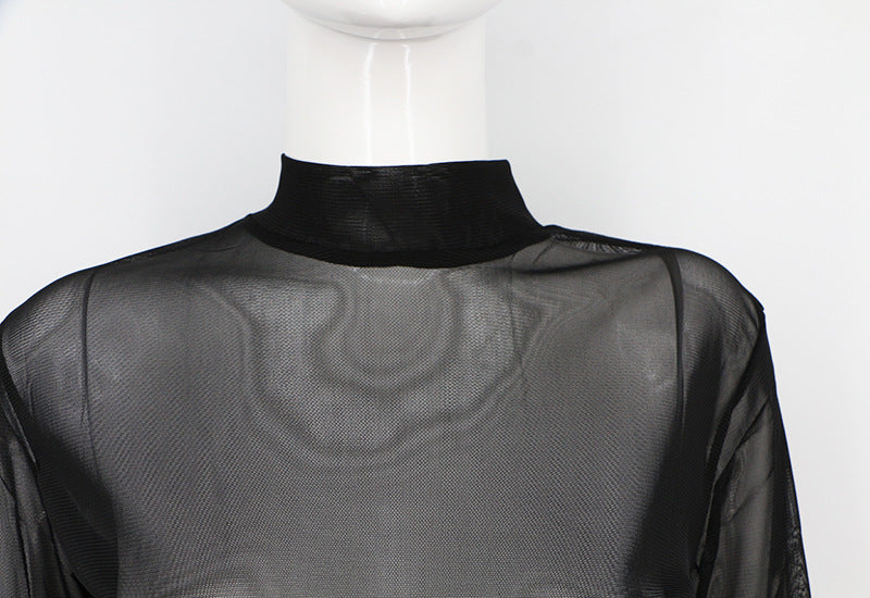 Stretch Tight See-Through Ultra-thin Sexy Mesh Transparent Long-Sleeved T-Shirt