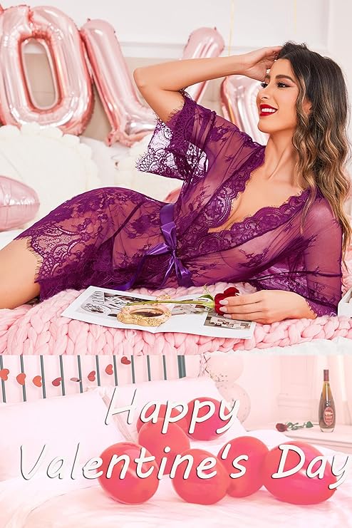 Lace Kimono Robe Babydoll Lingerie Mesh Nightgown S-5XL