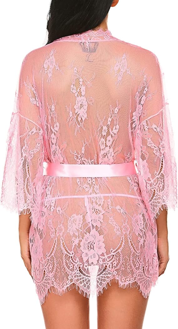 Lace Kimono Robe Babydoll Lingerie Mesh Nightgown S-5XL
