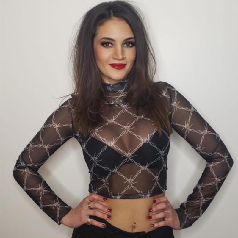 Mesh Thorn Print Transparent Sexy Top High Neck Long Sleeve T-Shirt
