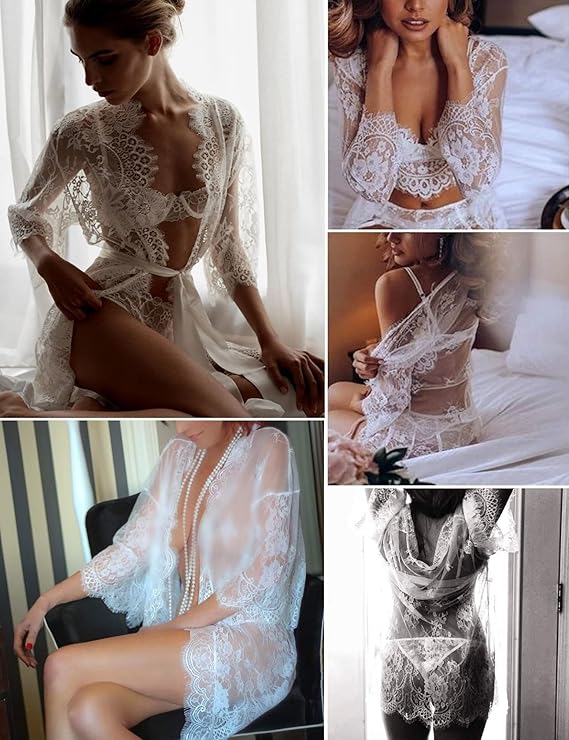 Lace Kimono Robe Babydoll Lingerie Mesh Nightgown S-5XL
