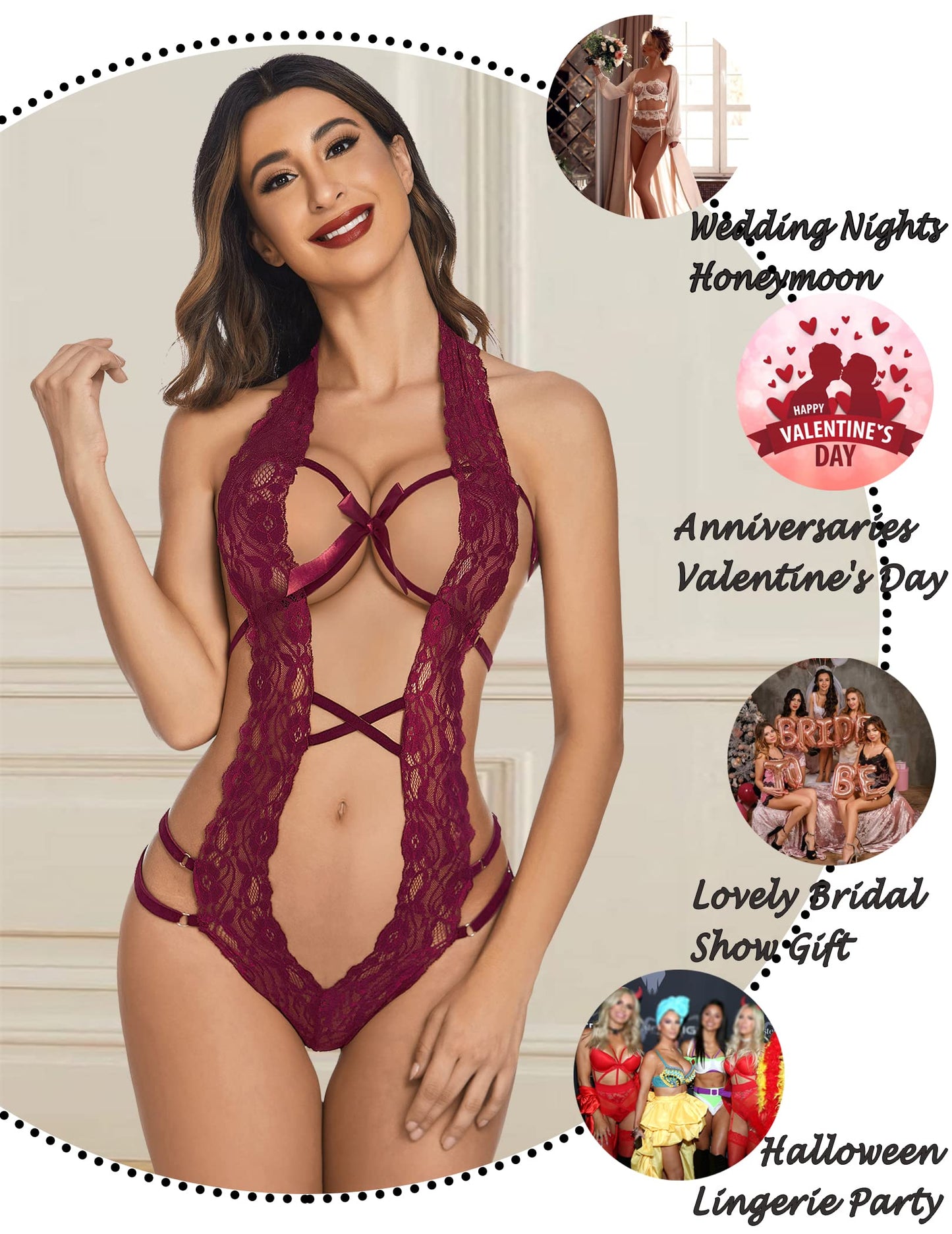Deep V Halter Lingerie Teddy One Piece Bodysuit Lace Babydoll