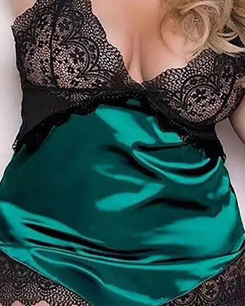 Plus Size Crochet Lace Satin Patch Babydoll