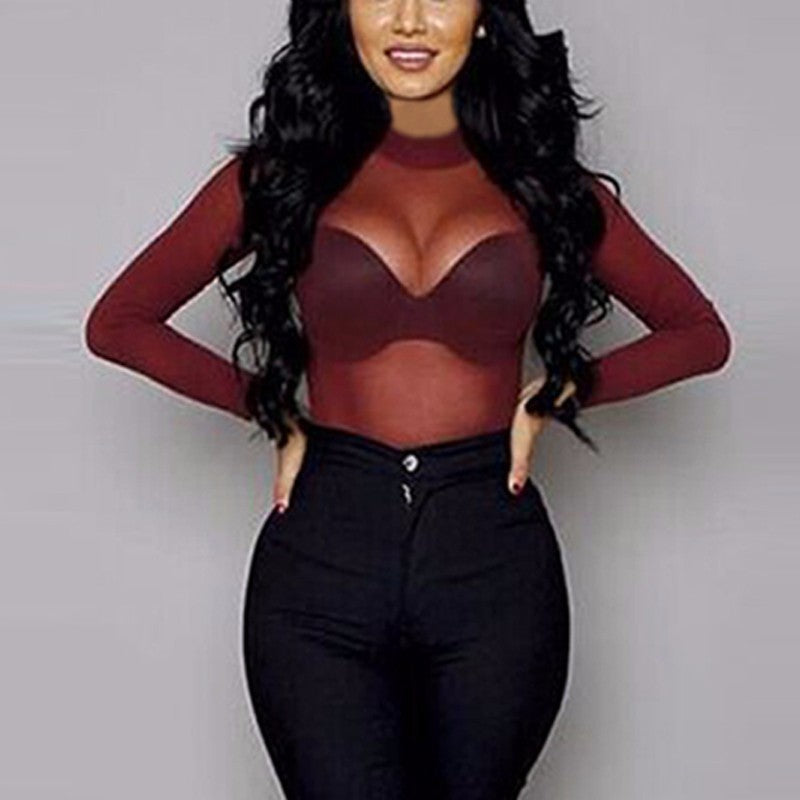 Stretch Tight See-Through Ultra-thin Sexy Mesh Transparent Long-Sleeved T-Shirt