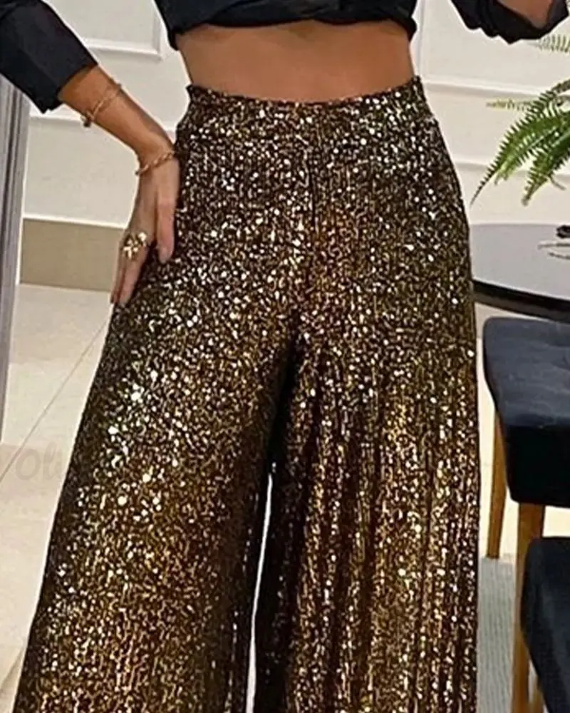 Wide Leg Sequin High Waisted Flare Pants