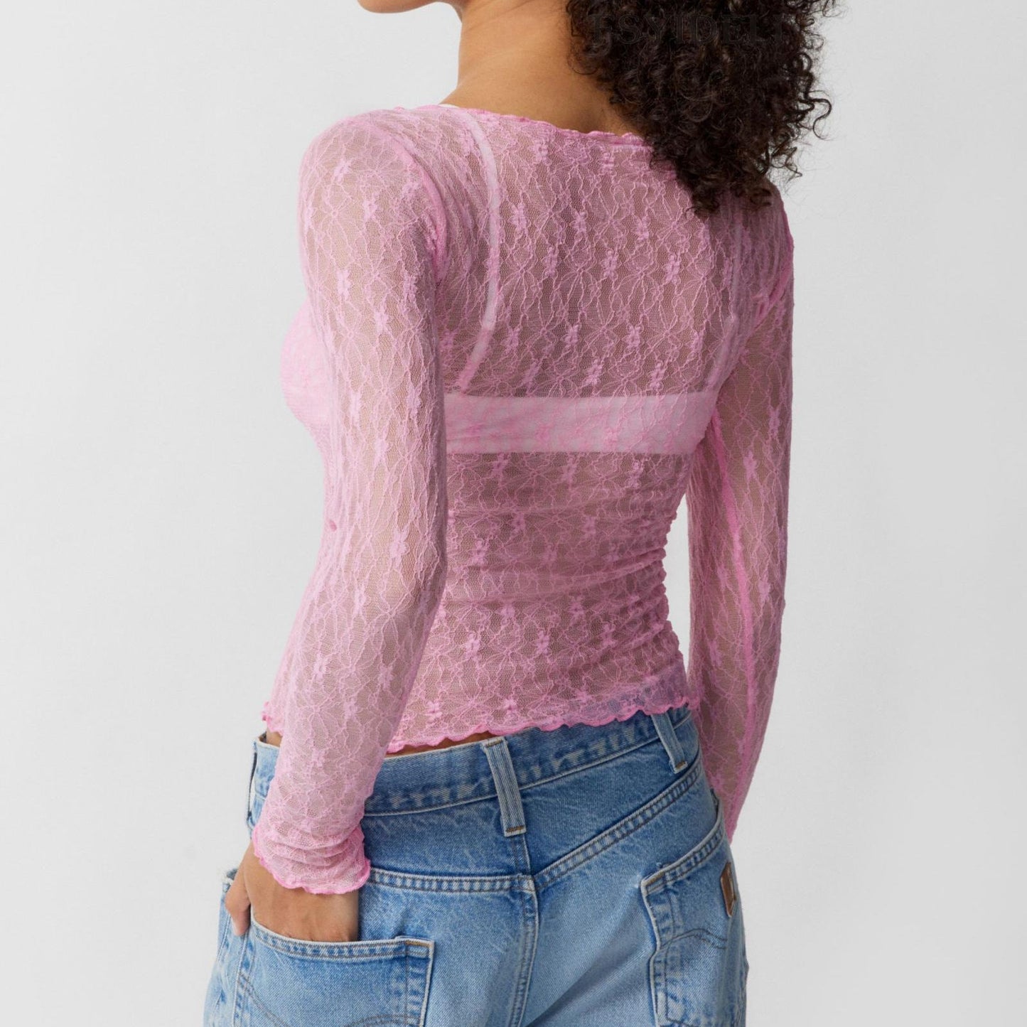 Wavy Edge Slightly See-Through Short Slim Fit Sexy See-Through Lace Mesh T-Shirt