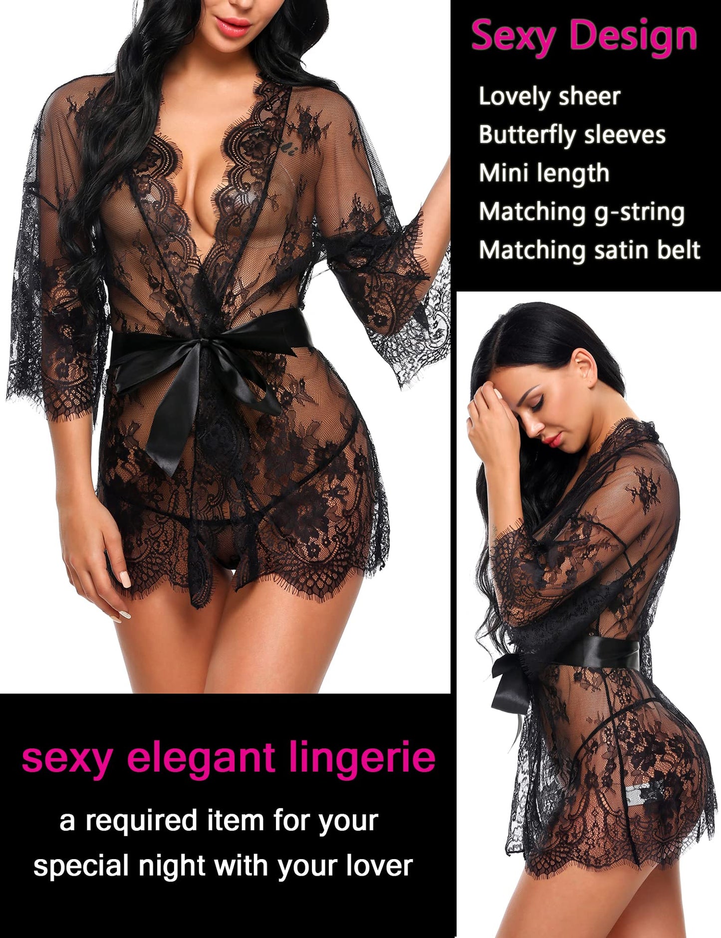 Lace Kimono Robe Babydoll Lingerie Mesh Nightgown S-5XL