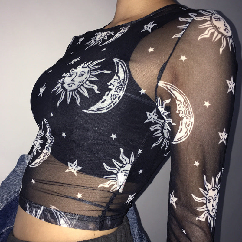 Star And Moon Printed Mesh See-Through T-Shirt