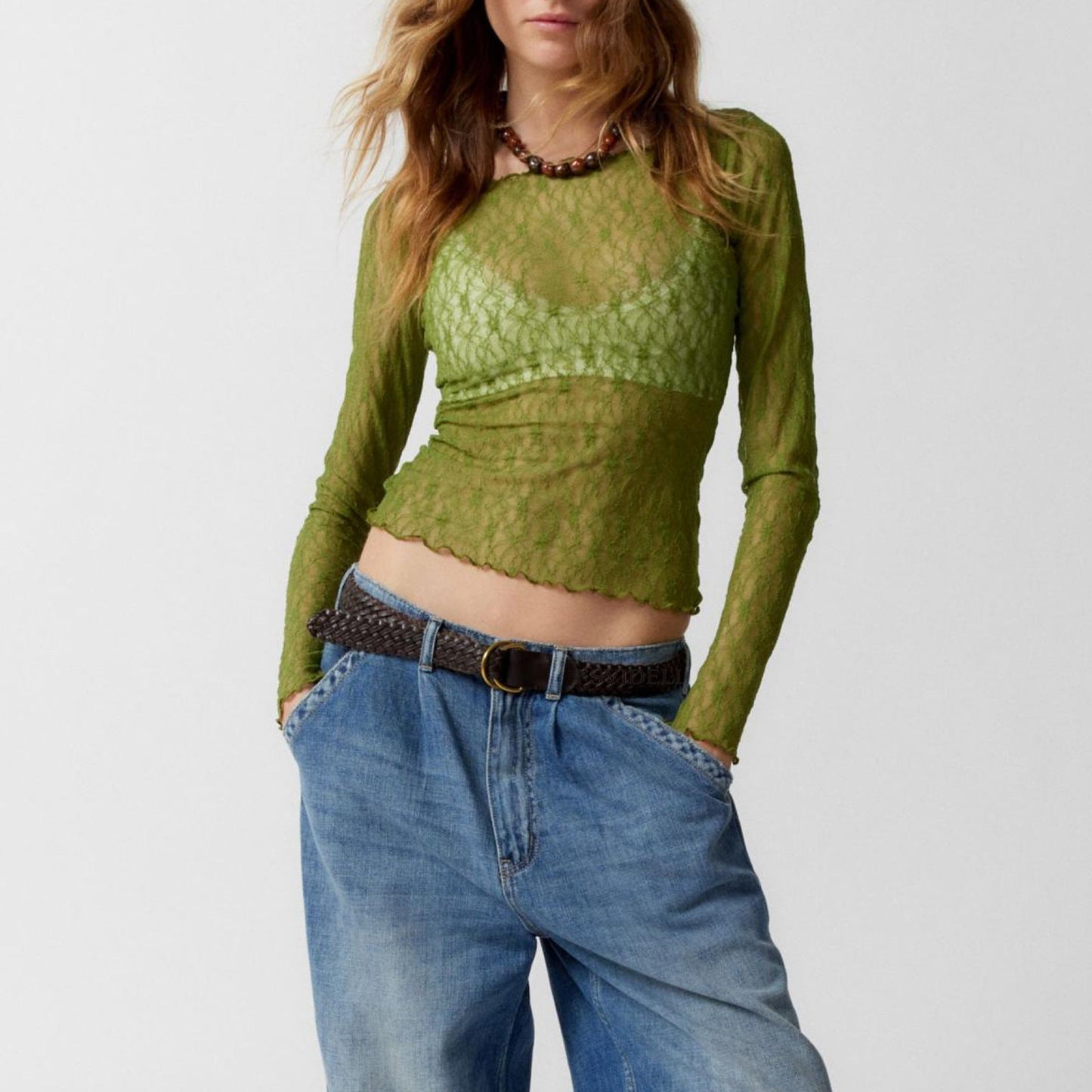 Wavy Edge Slightly See-Through Short Slim Fit Sexy See-Through Lace Mesh T-Shirt