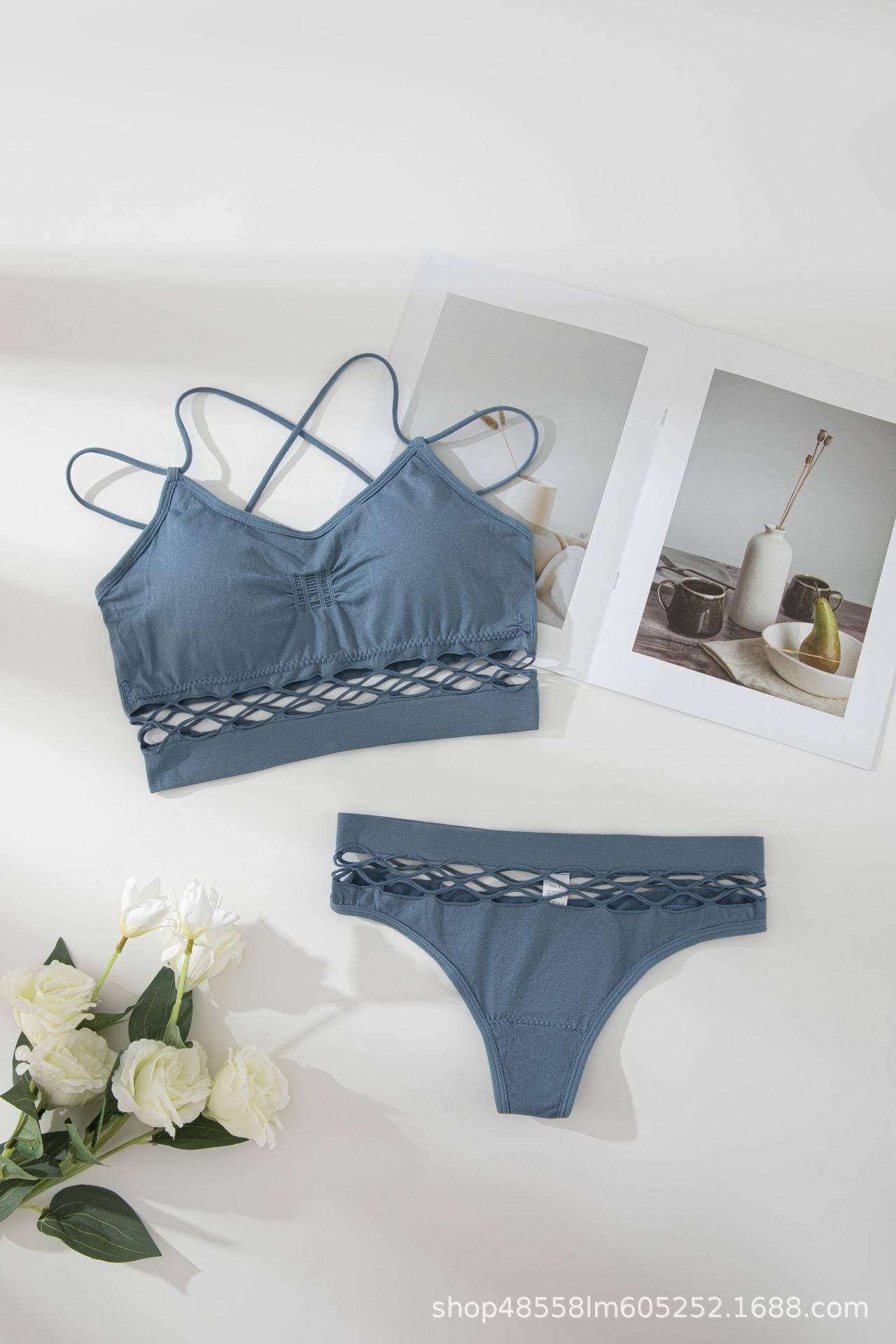 Hollow Briefs Cross Strap Camisole Bra Set