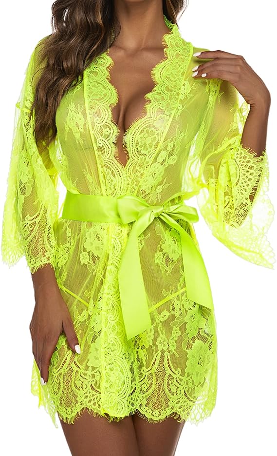 Lace Kimono Robe Babydoll Lingerie Mesh Nightgown S-5XL