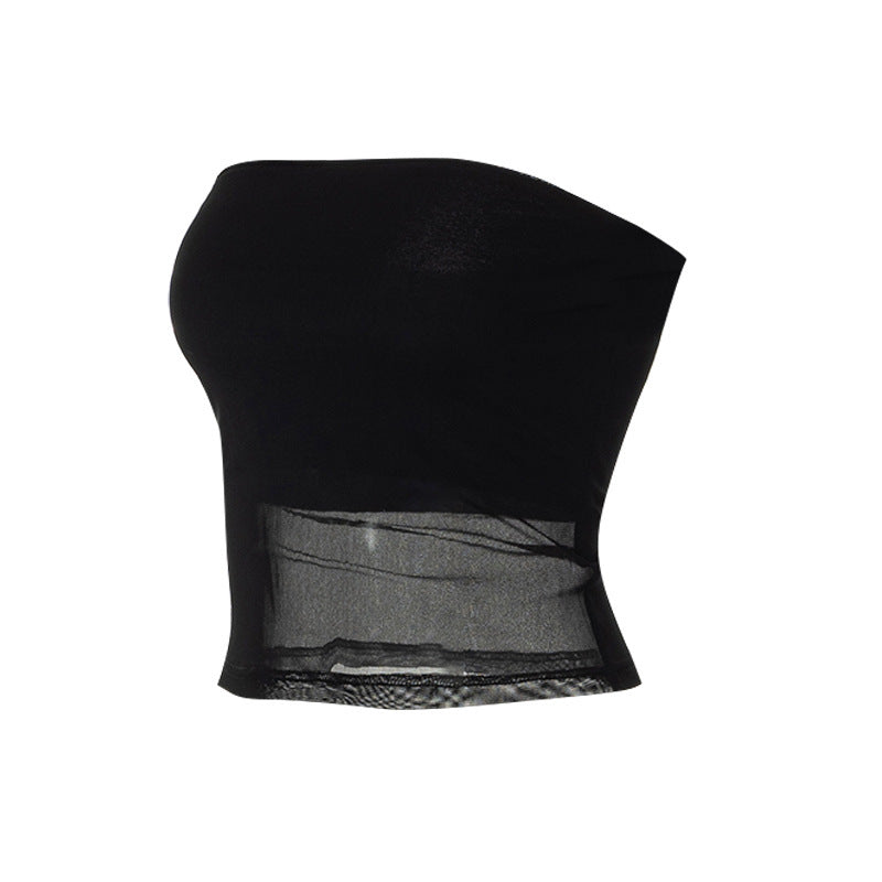 Street Fashion Mesh Spliced Tube Top Wear Outside and Slim Fit Top Inside