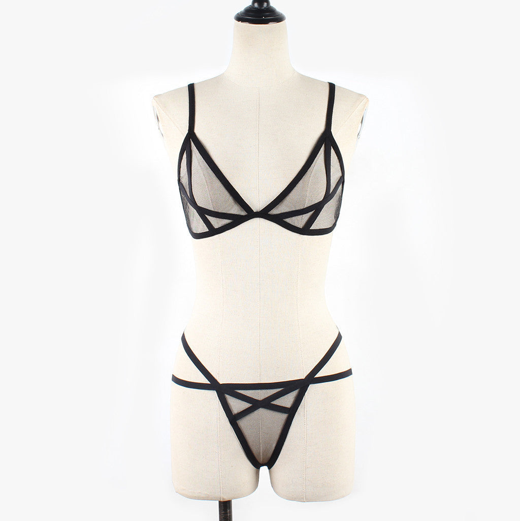 Mesh Straps Transparent Three-Point Open-Chest Fashionable Sexy Lingerie Set
