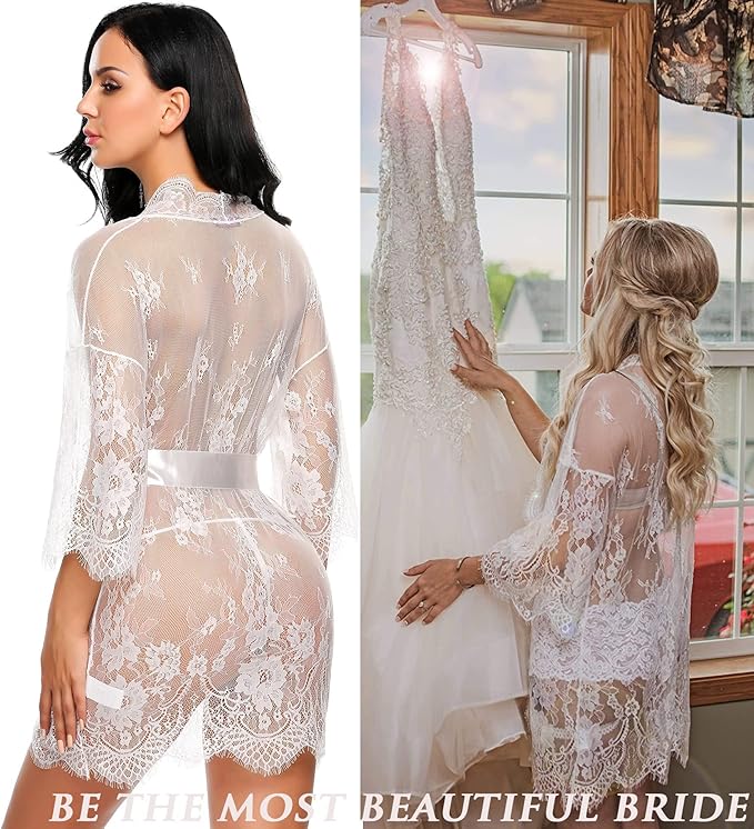 Lace Kimono Robe Babydoll Lingerie Mesh Nightgown S-5XL