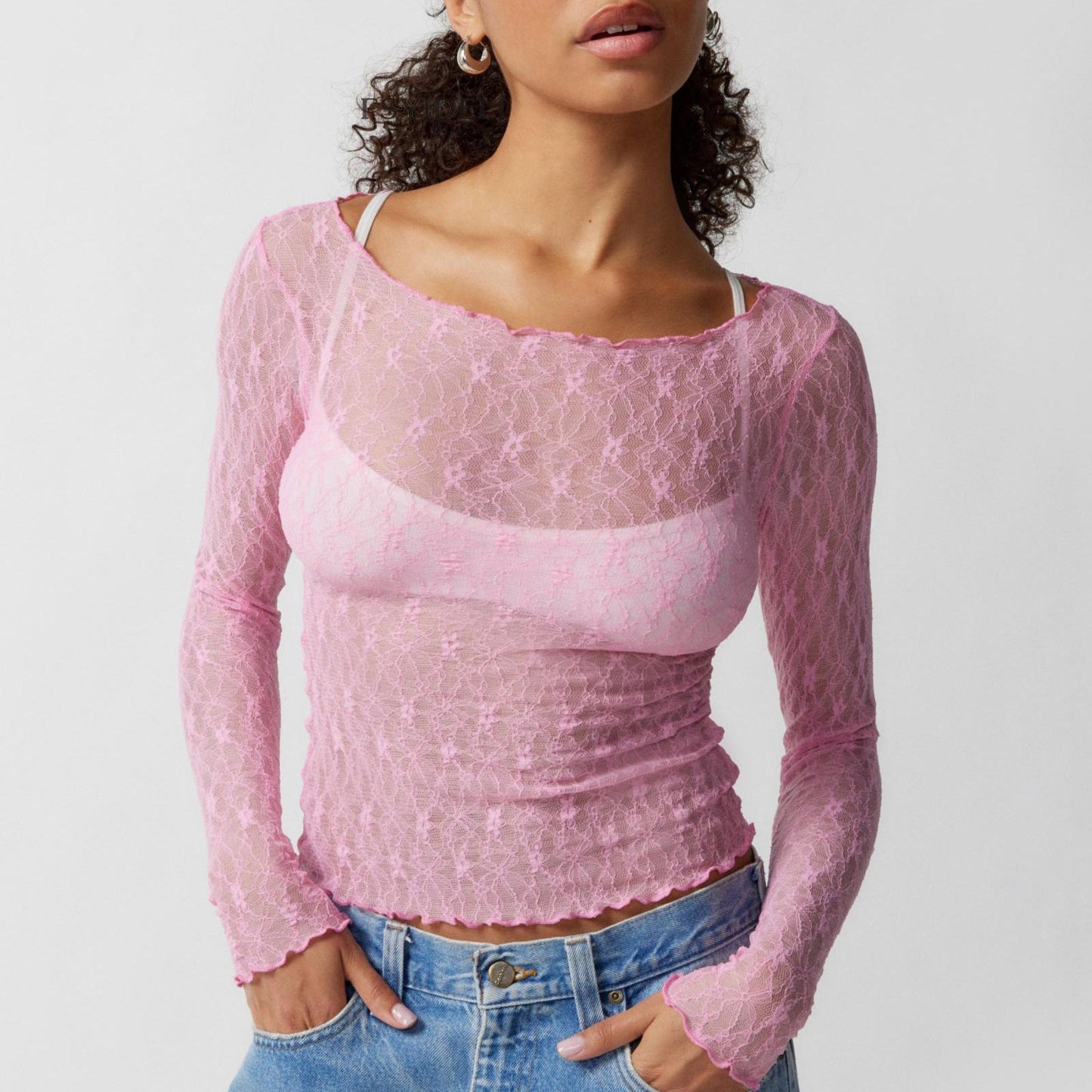 Wavy Edge Slightly See-Through Short Slim Fit Sexy See-Through Lace Mesh T-Shirt