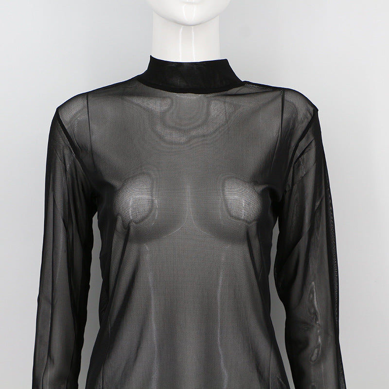 Stretch Tight See-Through Ultra-thin Sexy Mesh Transparent Long-Sleeved T-Shirt