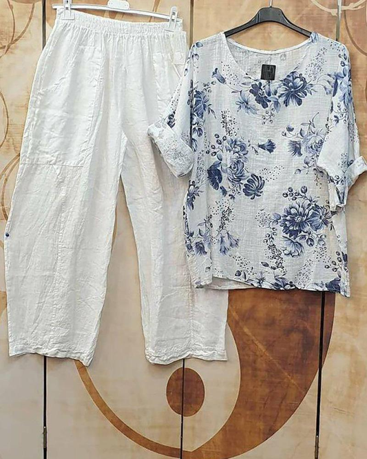 Floral Print Crew Neck Two Piece Suit