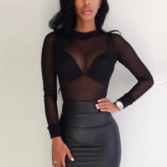 Stretch Tight See-Through Ultra-thin Sexy Mesh Transparent Long-Sleeved T-Shirt