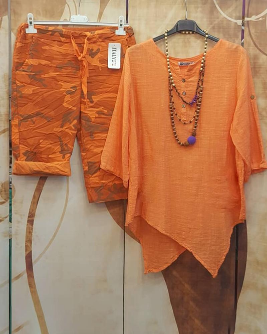 Irregular Hem Round VNeckline FivePoint Sleeve TwoPiece Suit