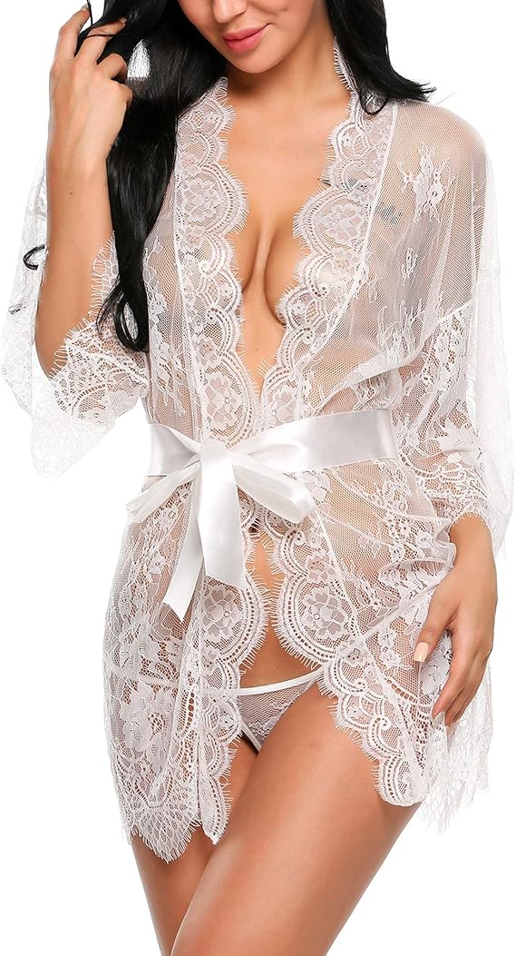 Lace Kimono Robe Babydoll Lingerie Mesh Nightgown S-5XL