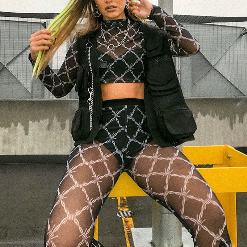 Mesh Thorn Print Transparent Sexy Top High Neck Long Sleeve T-Shirt