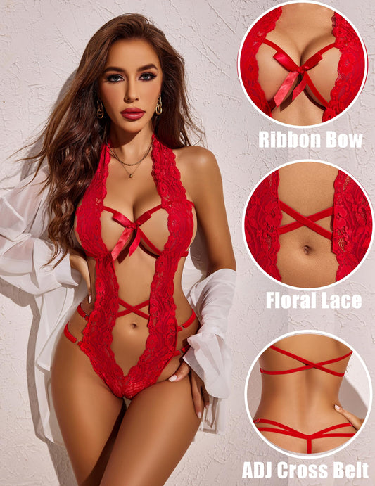 Deep V Halter Lingerie Teddy One Piece Bodysuit Lace Babydoll